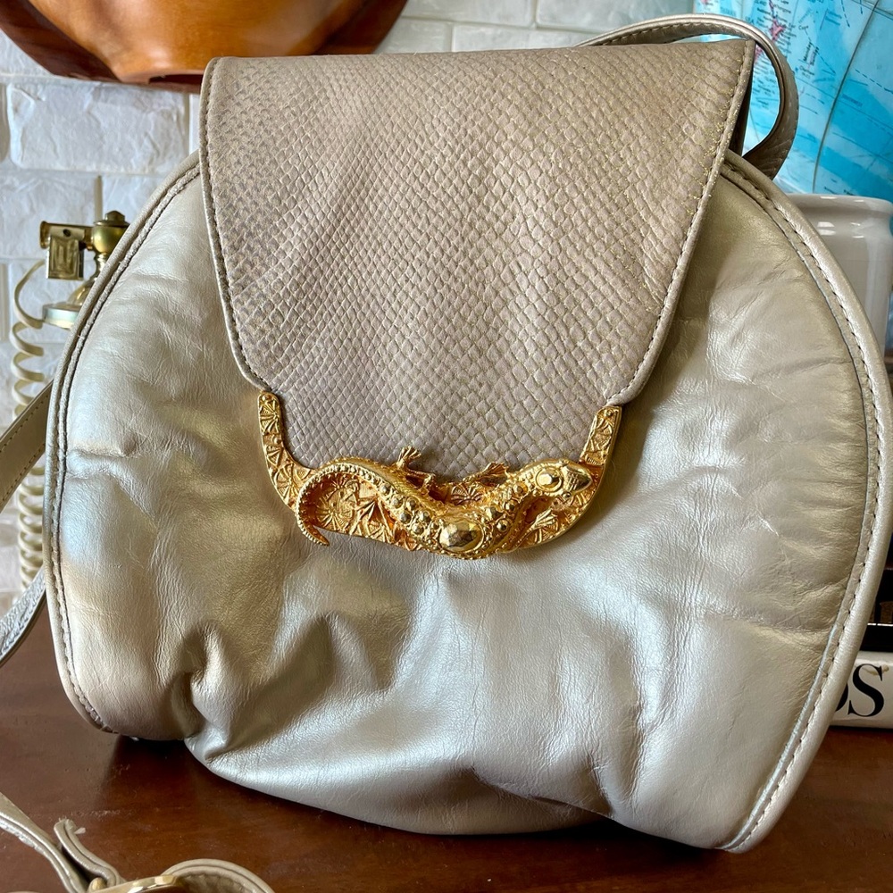 Vintage Bags By Pinky Genuine Leather Shimmer Snakeskin Bag Metal Lizard Clasp - Picture 3 of 15